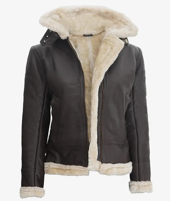 Women’s dark brown shearling jacket angled front view
