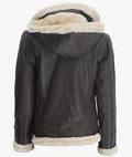 Women’s dark brown shearling jacket back view with hood – Livra Jackets