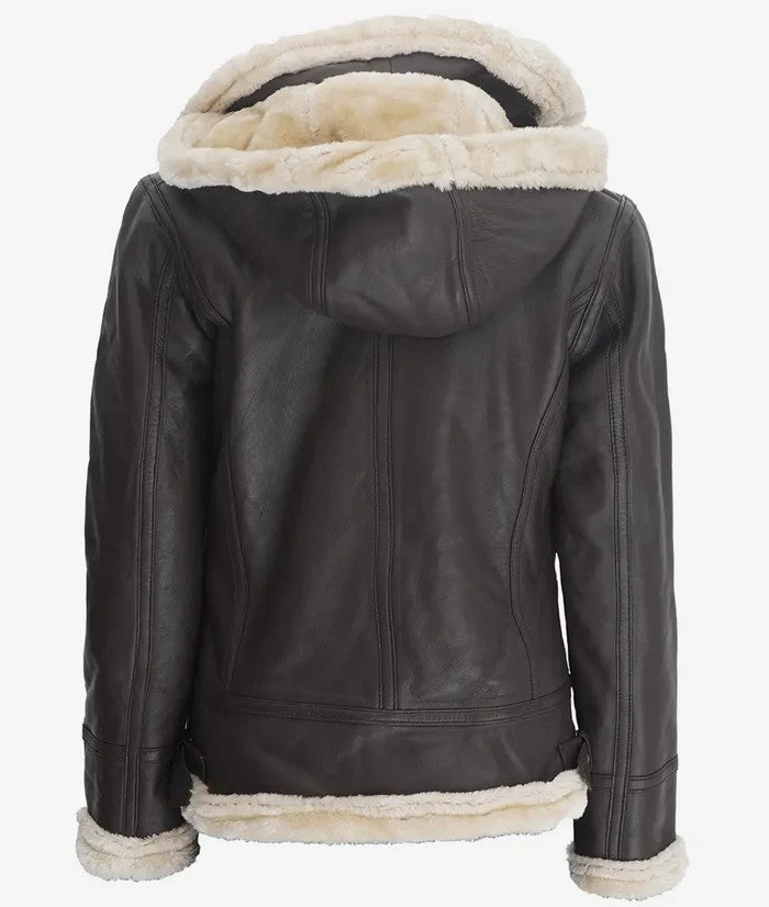 Women’s dark brown shearling jacket back view with hood – Livra Jackets
