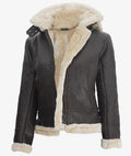 Women’s dark brown shearling leather jacket front open with hood – Livra Jackets