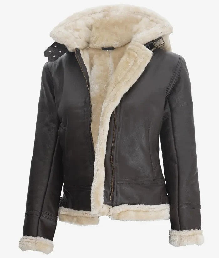Women’s dark brown shearling leather jacket front open with hood – Livra Jackets