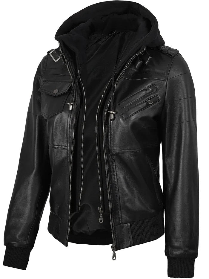 Women’s Edinburgh Bomber Black Leather Jacket with Removable Hood – Real Leather | Livra Jackets – Genuine Leather Jacket | Livra Jackets