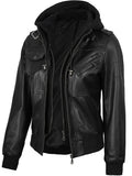 Women’s Edinburgh Bomber Black Leather Jacket with Removable Hood – Real Leather | Livra Jackets – Genuine Leather Jacket | Livra Jackets