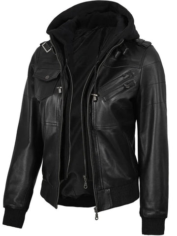 Women’s Edinburgh Bomber Black Leather Jacket with Removable Hood – Real Leather | Livra Jackets – Genuine Leather Jacket | Livra Jackets