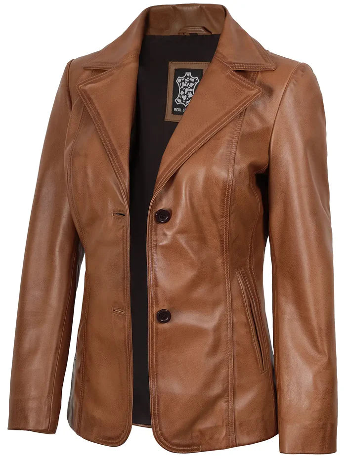 Women’s fitted tan brown leather blazer – stylish front open look