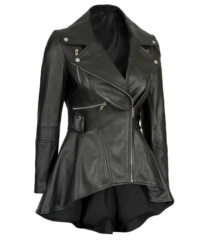 Stylish women’s peplum leather biker jacket in genuine leather