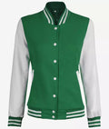 Women’s Green Varsity Letterman Jacket – Front Closed