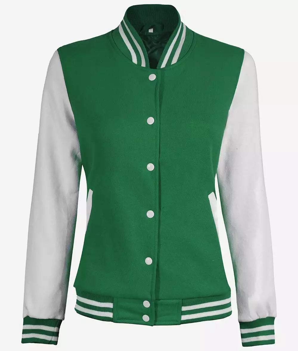 Women’s Green Varsity Letterman Jacket – Front Closed