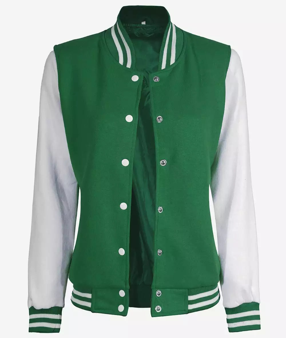 Women’s Green & White Varsity Jacket – Front Open