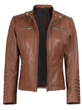 Women’s Hooded Brown Leather Jacket Zippered Pockets
