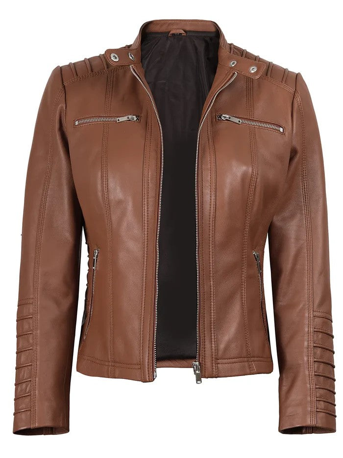 Women’s Hooded Brown Leather Jacket Zippered Pockets