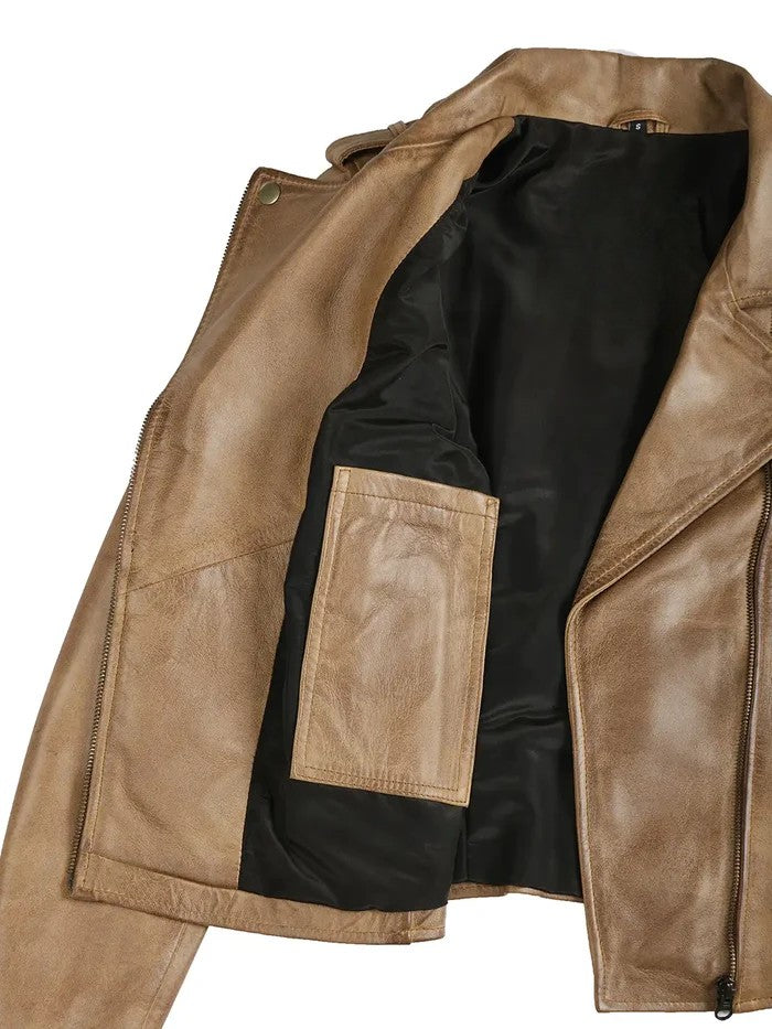 Inside lining of women’s camel brown biker leather jacket