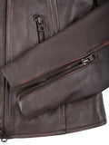 Women’s purple brown biker leather jacket sleeve zipper close-up