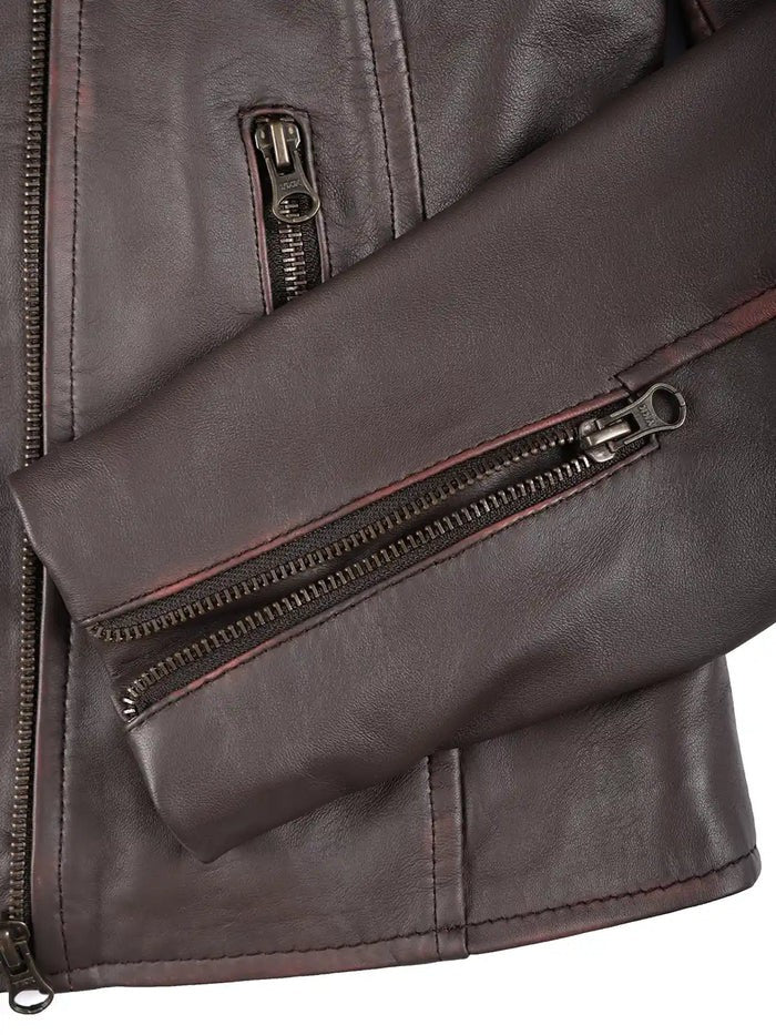 Women’s purple brown biker leather jacket sleeve zipper close-up