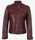 Women’s Maroon Leather Biker Jacket Front View