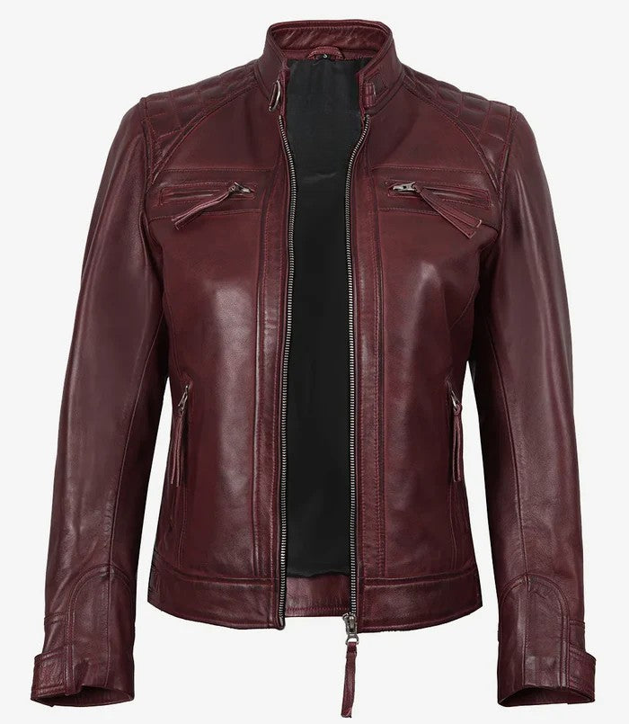 Women’s Maroon Leather Biker Jacket Front View
