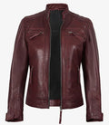 Women’s Maroon Leather Biker Jacket Front View