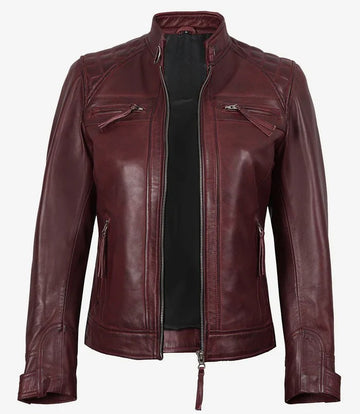 Women’s Maroon Leather Biker Jacket Front View