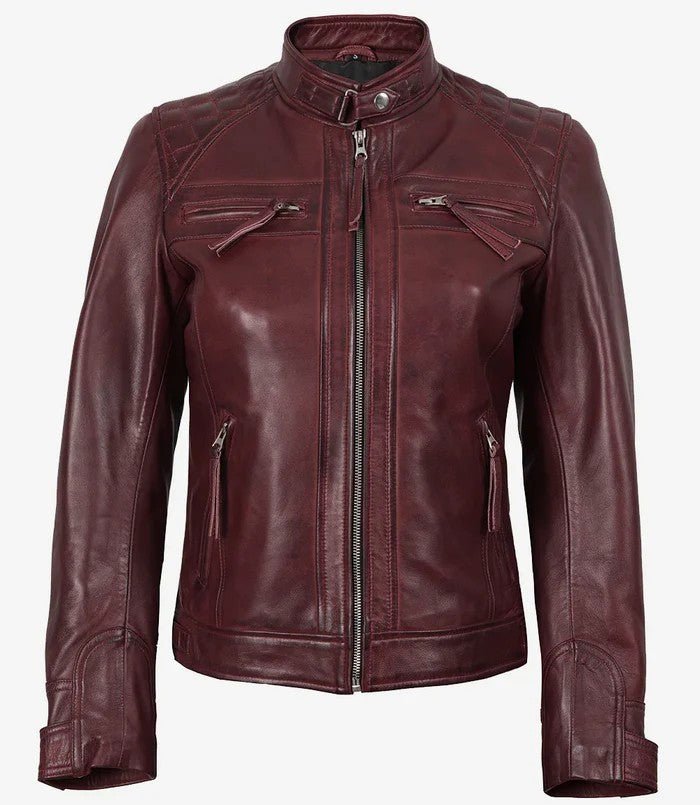 Women’s Maroon Biker Leather Jacket – Quilted Real Leather | Livra Jackets – Genuine Leather Jacket | Livra Jackets