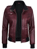 Women’s maroon bomber leather jacket with zipper and detachable hood