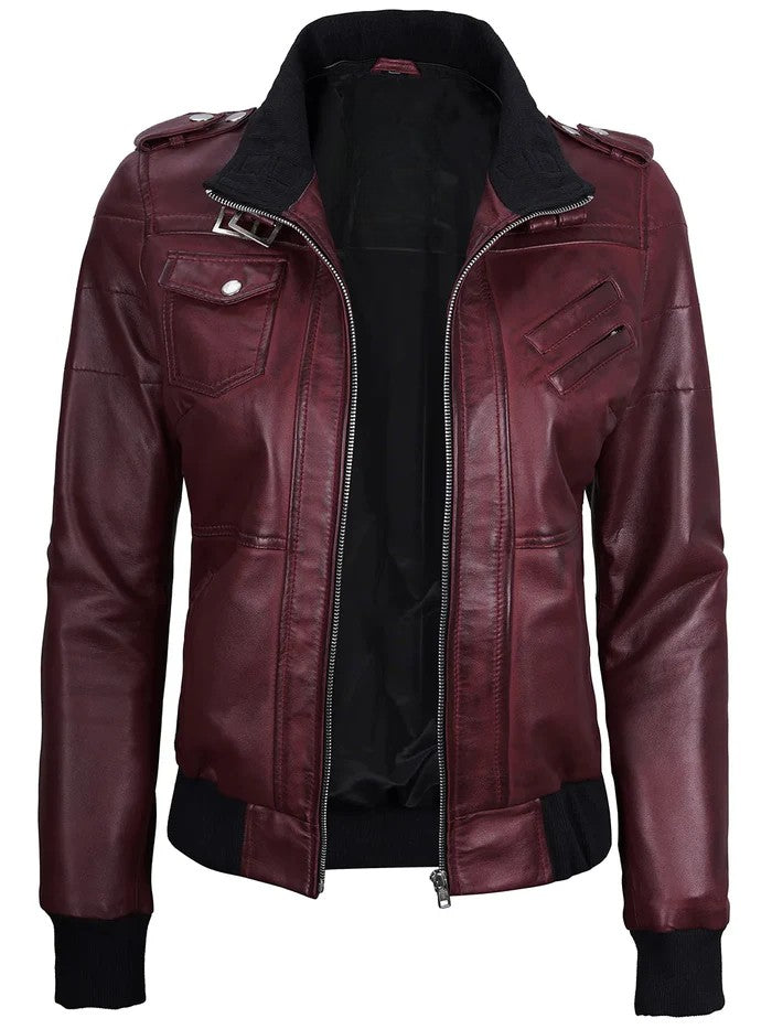 Women’s maroon bomber leather jacket with zipper and detachable hood