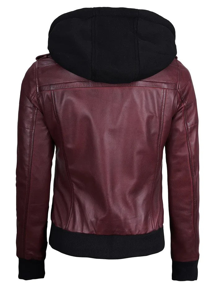 Women’s maroon hooded leather jacket front view – Livra Jackets