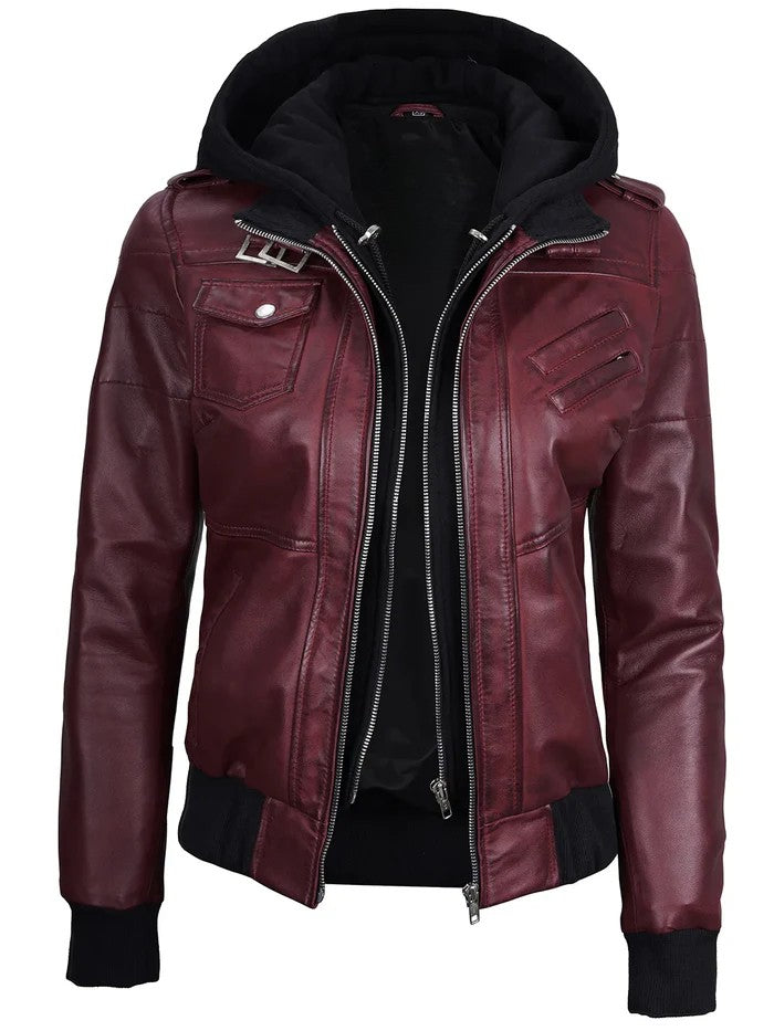 Women’s maroon hooded leather jacket front view – Livra Jackets