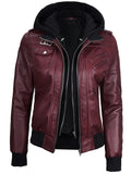 Women’s maroon hooded leather jacket front view – Livra Jackets