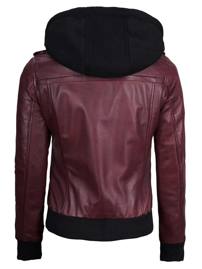 Women’s Maroon Hooded Leather Jacket – Slim Fit Bomber Style | Livra Jackets – Genuine Leather Jacket | Livra Jackets