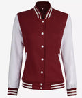 Women’s Maroon & White Varsity Jacket – Front Closed