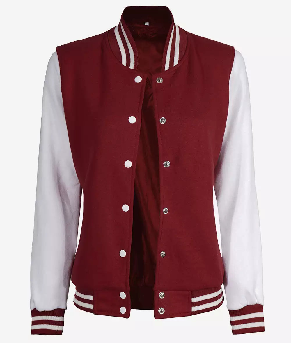 Women’s Maroon Varsity Letterman Jacket – Front Open