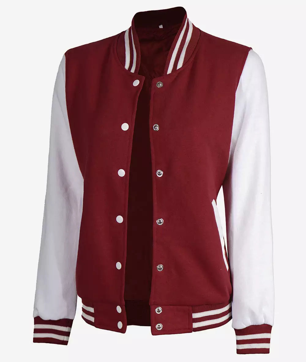 Women’s Maroon & White Varsity Jacket – Stylish Women’s Fit
