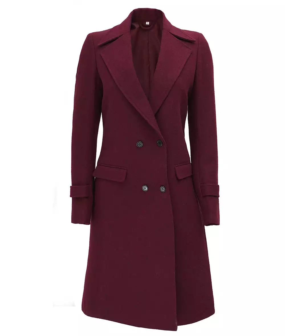 Front view of women’s maroon wool coat with double-breasted closure and peak lapels