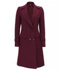 Front view of women’s maroon wool coat with double-breasted closure and peak lapels