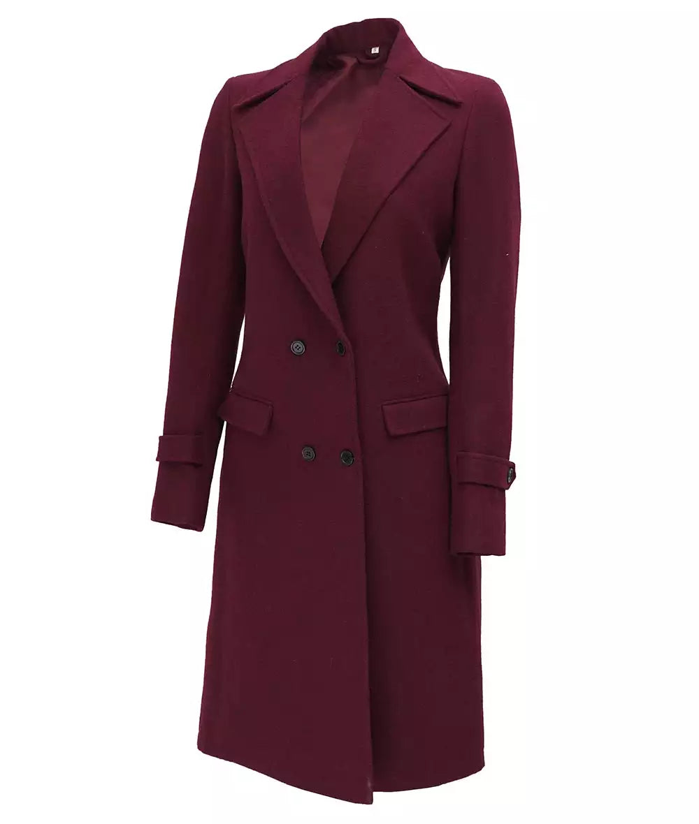 Women’s maroon wool double-breasted coat – elegant long winter jacket