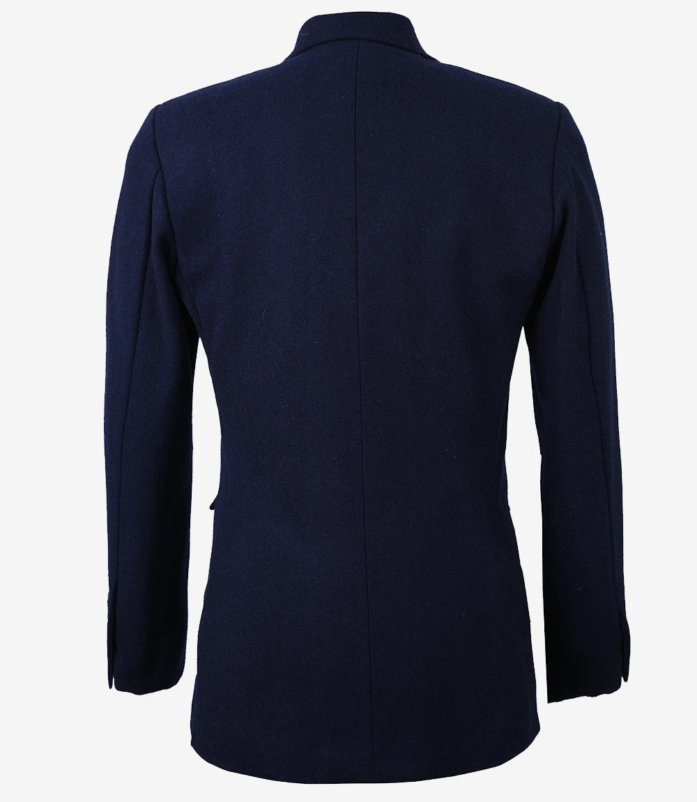 Open view of women’s navy wool blazer showing inner lining and structured design
