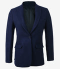 Front view of women’s navy wool blazer with slim tailored fit and single button