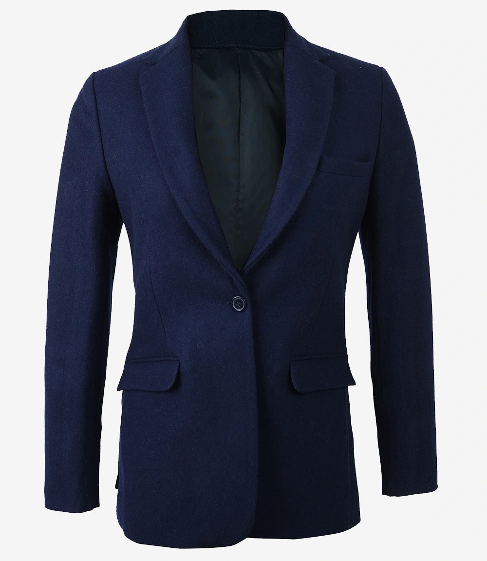 Front view of women’s navy wool blazer with slim tailored fit and single button