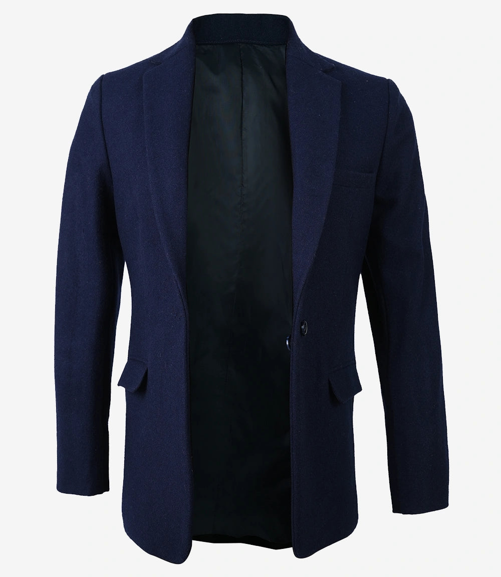 Open view of women’s navy wool blazer showing inner lining and structured design