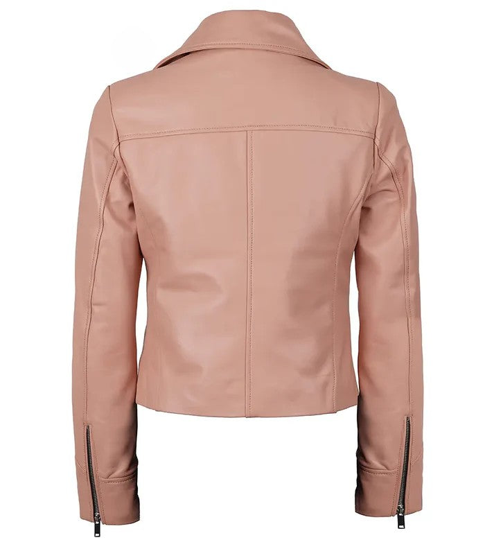 Women’s Pink Leather Biker Jacket – Front View