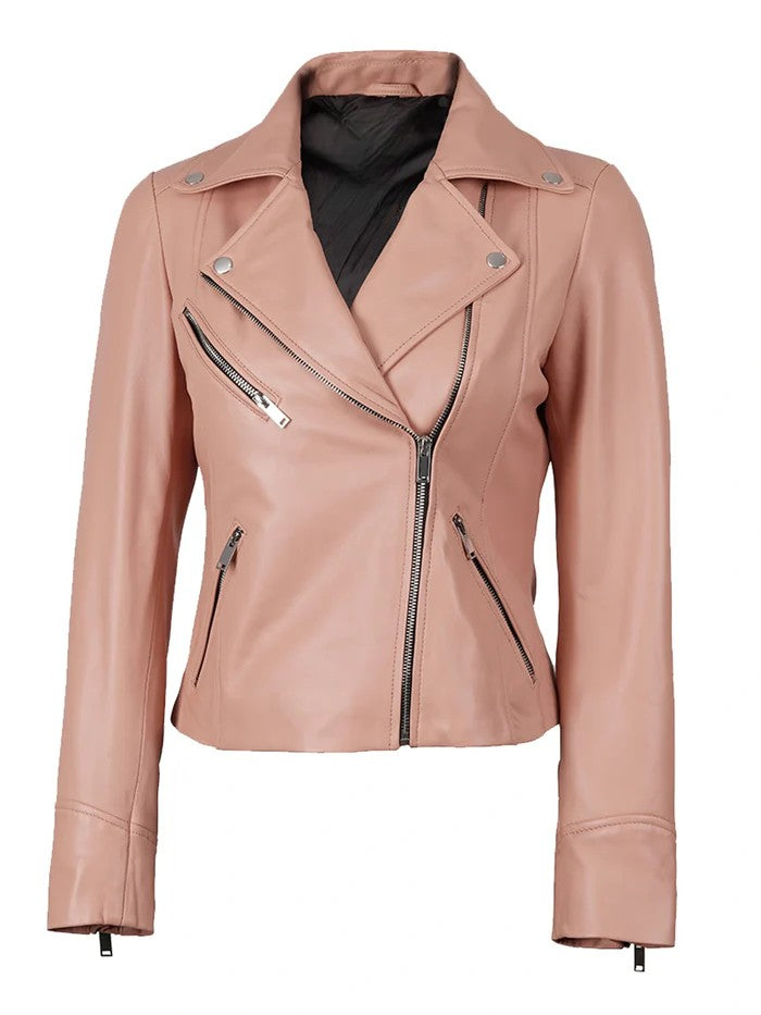 Women’s Pink Leather Biker Jacket – Front View