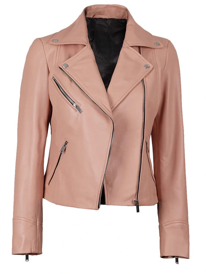 Women’s Pink Leather Biker Jacket – Front View