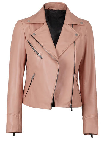 Women’s Pink Leather Biker Jacket – Front View