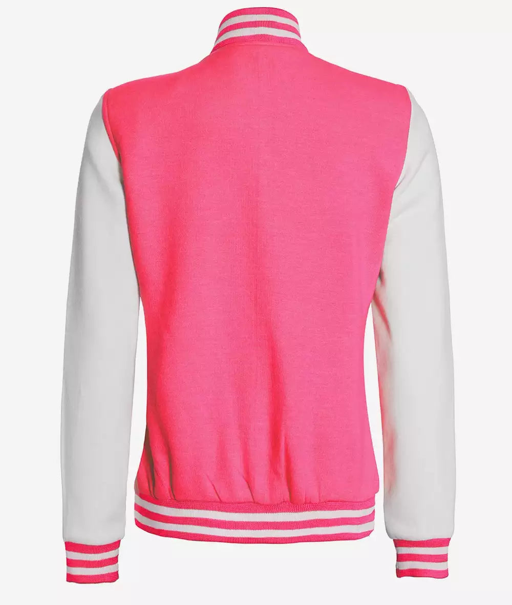 Women’s Pink & White Varsity Letterman Jacket – Front Open View