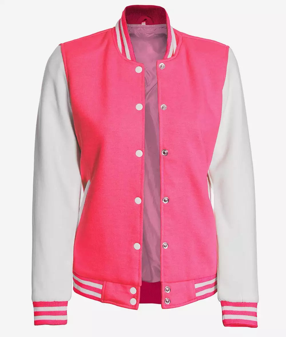 Women’s Pink & White Varsity Letterman Jacket – Front Open View