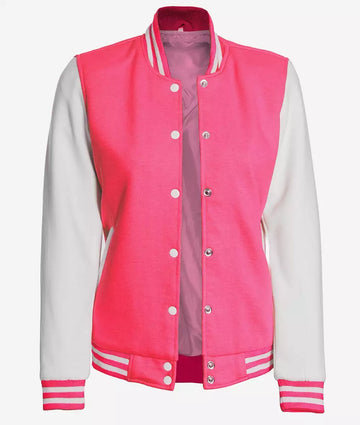 Women’s Pink & White Varsity Letterman Jacket – Front Open View