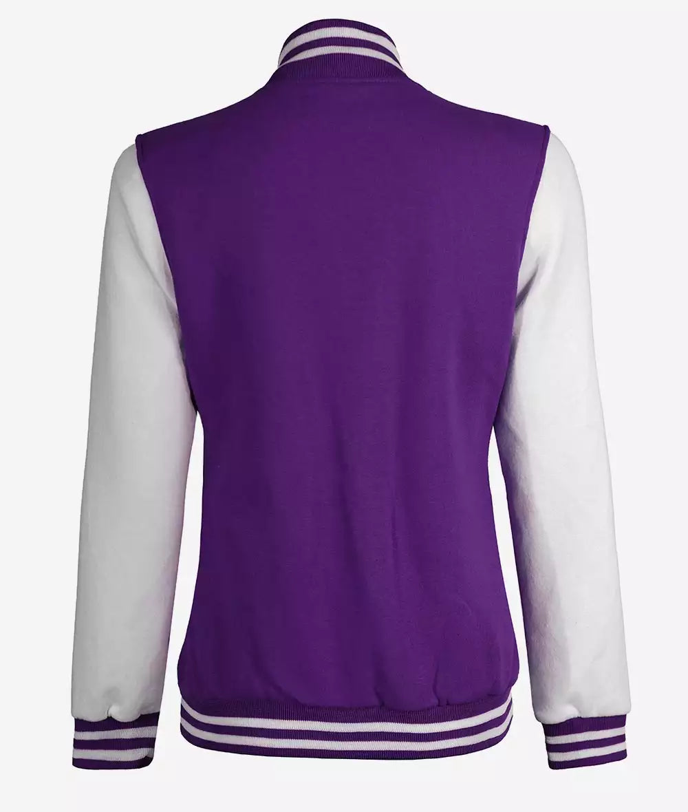 Women’s Purple & White Varsity Jacket front view