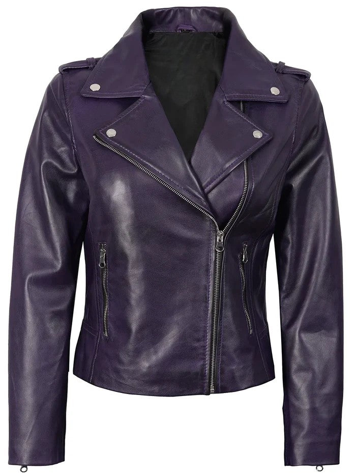 Women’s purple asymmetrical leather motorcycle jacket front view – Livra Jackets