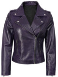 Women’s purple asymmetrical leather motorcycle jacket front view – Livra Jackets