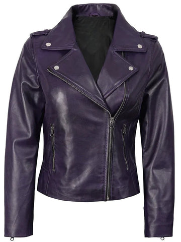 Women’s purple asymmetrical leather motorcycle jacket front view – Livra Jackets